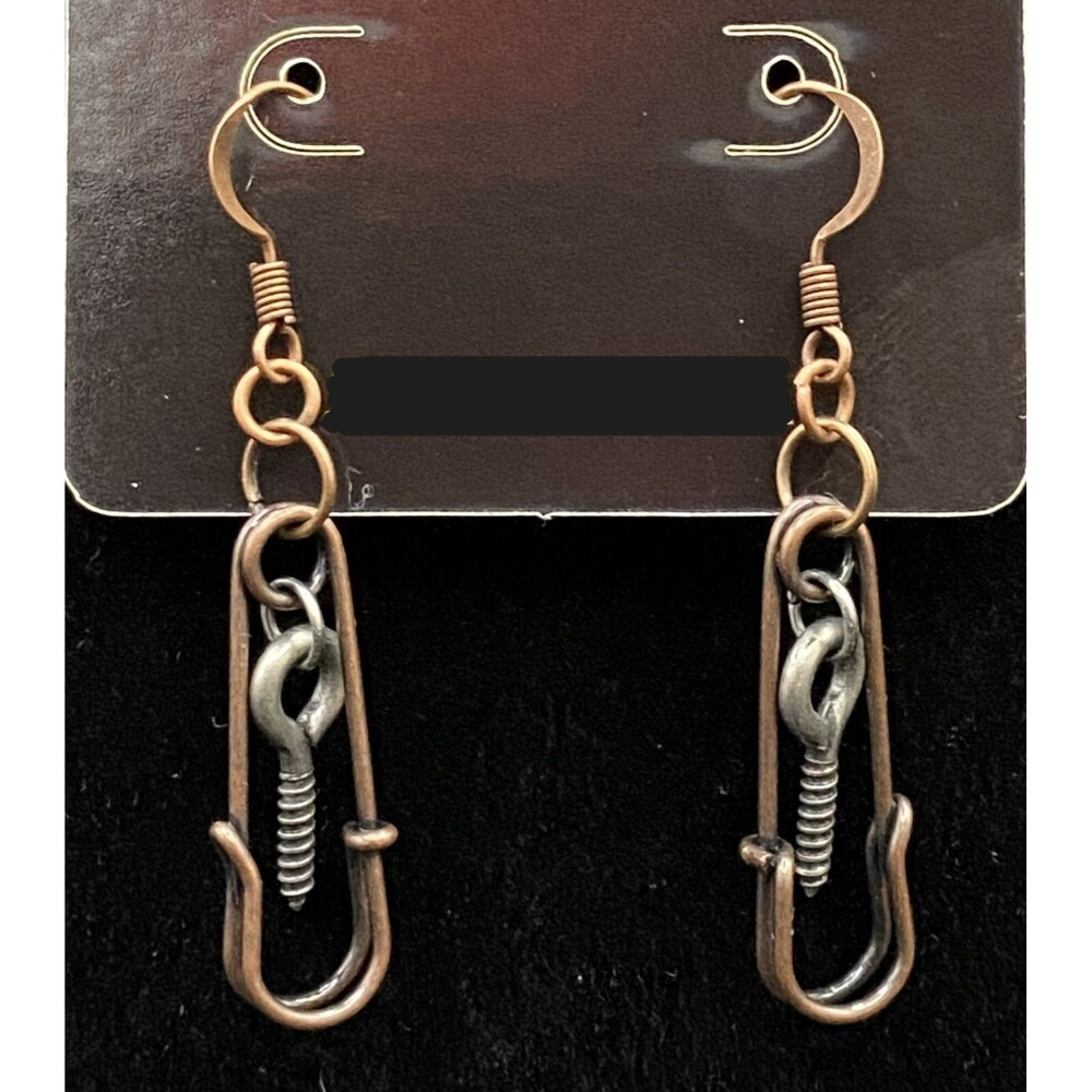 Handmade Aged Copper Tone Safety Pin & Eye Screw Earrings by Neanie-Bot